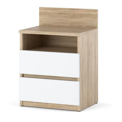 A modern nightstand with two white drawers and an open shelf, made of wood-look material.