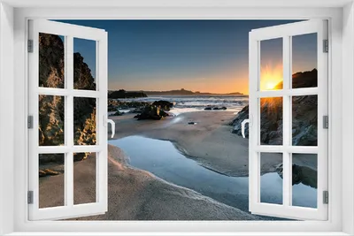 Produktbild von Wallario Poster mit Fenster-Illusion: Sonnenuntergang hinter einem Felsen am Strand, Größe: 100 x 150 cm