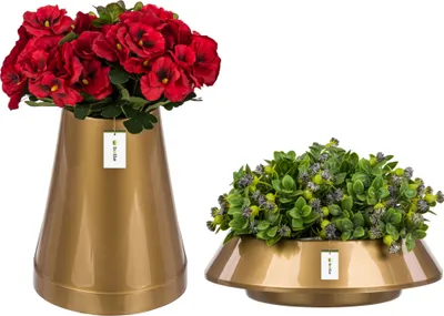 Produktbild von Set Friedhofskolbenvase H 25 cm Ø 11,5 cm + Blumentopf Friedhofsschale Ø 25 cm im Glänz Gold Grabdekoration für Kompositionen aus künstlichen und echten Blumen aus Kunststoff