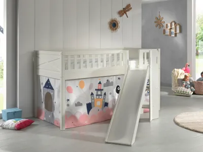 Produktbild von VIPACK - Spielbett SCOTT, LF 90 x 200 cm, mit Rolllattenrost, Rutsche, Leiter und Textilset "Princess Sophie", weiß lackiert