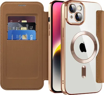 Image de Étui compatible MagSafe pour iPhone 15 Plus, étui transparent avec porte-cartes, étui en cuir avec protection de l'appareil photo Marron
