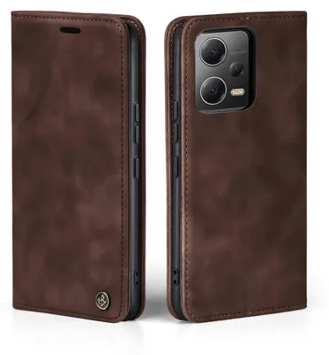 Two views of a brown leather flip case for a smartphone, showing the exterior and the camera cutout.