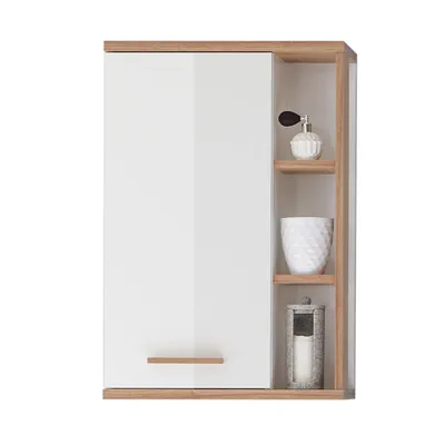 Produktbild von Badezimmer Wandschrank MALANJE-66 in weiß glänzend & Riviera Eiche quer Nb. - B/H/T: 50,5/74,5/20,5cm