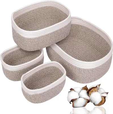 Produktbild von Set von 4 Aufbewahrungskörben aus geflochtenem Baumwollseil - Körbchen für Wickeltisch-Organizer - Stapelbare Körbe für Kinderzimmer, Wohnzimmer, Badezimmer