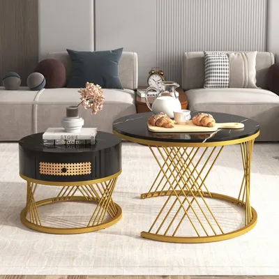 Immagine prodotto di Set di 2 tavolini Tiema tavolino in marmo con ripiano rotondo Ø70 x 46 cm e Ø50 x 49 cm tavolino da salotto tavolino da divano motivo marmo struttura del tavolo in metallo nero