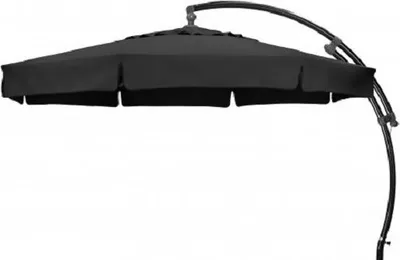 A black cantilever umbrella is shown against a white background.