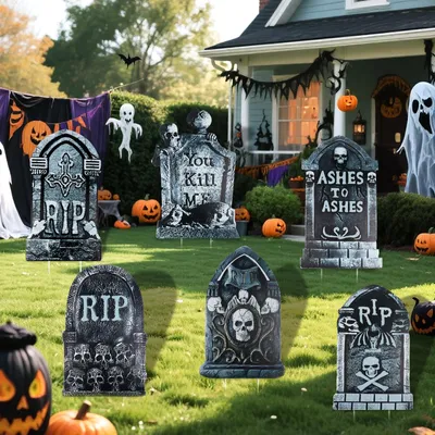 Halloween Grabstein-Schilder mit Erdspießen, 6 Stück, Schwarz