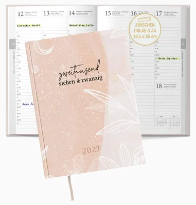 Produktbild von Buchkalender 2027 Wochenplaner altrosa Aquarell, 30-Min-Taktung, 18,5x26 cm,OptiPlaner Rosé