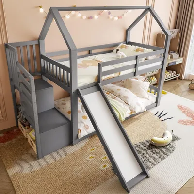 Produktbild von okwish Etagenbett mit 2 Matratzen 90x200 Stockbett mit Rutsche und Stauraumtreppe Hausdesign mit Rausfallschutz Unterbett ohne Lattenrost,Grau