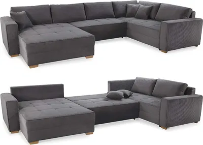 Produktbild von Wohnlandschaft U-Form Sofa Schlaffunktion Couch Bettkasten Cord Dunkelgrau / 15198