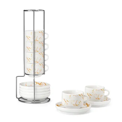 Obrázek produktu pro MALACASA 4dílná sada šálků, porcelánová sada na espresso, kávový šálek s podšálkem, kovový stojan, 90 ml, bílá
