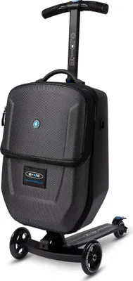 A black luggage scooter with a handle and wheels, presented against a white background.