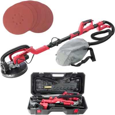 Produktbild von Brúska s dlhým krkom AREBOS s vlastným odsávaním prachu a prachovým vreckom, brúska na sadrokartón, multibrúska, 750 W, 225 mm, vrátane 6 brúsnych kotúčov a kufra