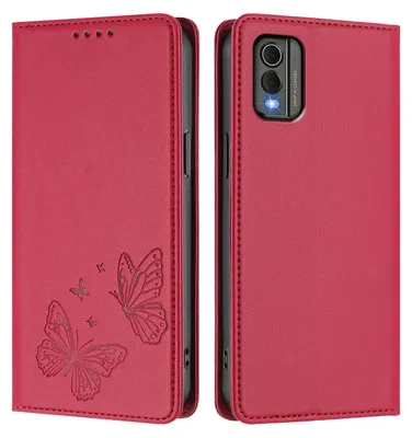 Obrázek produktu pro Kožené pouzdro pro Nokia C32, motýlí ražbou, peněženkové flip pouzdro se stojánkem Červená