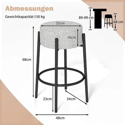 Image de Tabouret de bar 68 cm, assise rembourrée, sans dossier, structure en métal