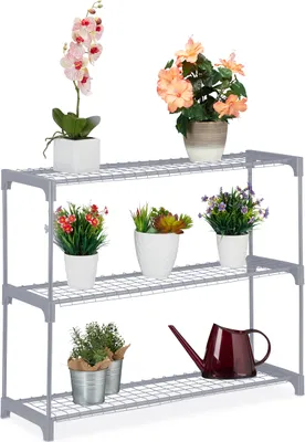 Produktbild von Relaxdays Blumenregal, 3 Ablagen, Blumen- & Pflanzentöpfe, Metall & Kunststoff, HxBxT: 72x91x28 cm, Kräuterregal, grau