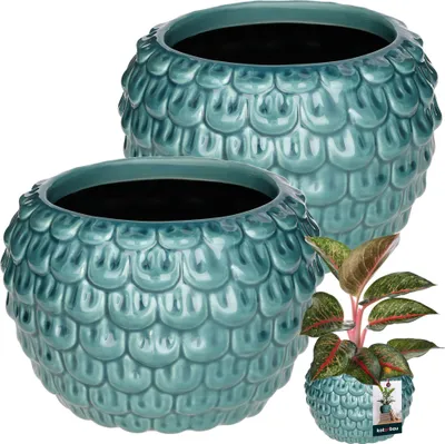 Zdjęcie produktu dla KOTARBAU® 2 szt Artystyczna doniczka ceramiczna duży wzór vintage rybia łuska ręcznie robiona ⌀ 17 cm wysokość 13 cm Doniczka ceramiczna doniczka ceramiczna niebieski i turkusowy kolor doniczka ceramiczna orchidea