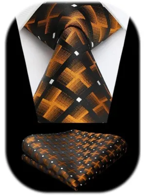 Productafbeelding van Herenset: stropdas en zakdoek, oranje, geruit, polyester, 8,5 cm breed