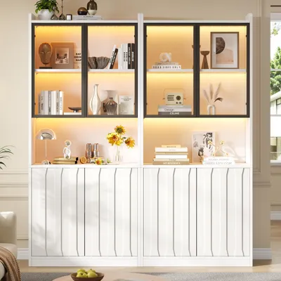 Image de Vitrine Merax, modèle 2 portes avec éclairage LED, meuble haut avec 2 portes en verre, vitrine avec 5 compartiments et une étagère ouverte, étagères réglables, couleur blanche