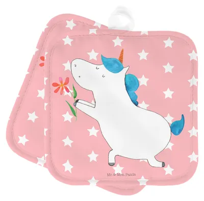 Produktbild von Mr. & Mrs. Panda Topflappen Einhorn Blume - Rot Pastell - Geschenk, Partner, Einhörner, Unicorn, topfhalter, Set, Freundin, Liebe, Topfuntersetzer, Ofenlappen, Kochlappen