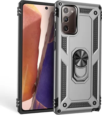 A silver phone case with a ring holder is shown against a white background.