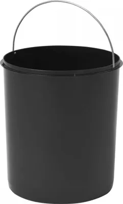 A black trash can insert with a silver handle against a white background.
