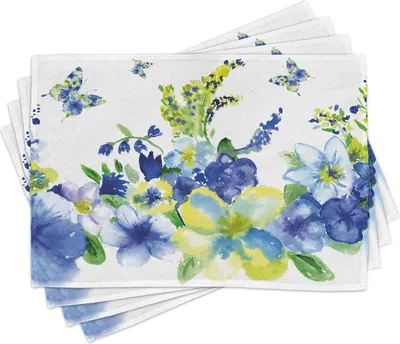Immagine prodotto di ABAKUHAUS Tovagliette gialle e blu, acquerello Fiori primaverili Acquerello Fioritura Farfalla Disegno, 30 x 45 cm, blu reale Verde lime