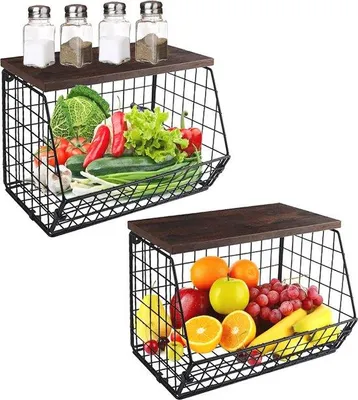 Produktbild von Hängende Obstschale Holzdeckel Drahtkorb Küchenorganisation