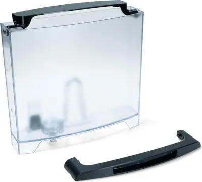 A clear plastic water tank with a black handle detached, shown against a white background.