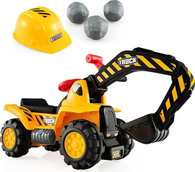 Produktbild von Sitzbagger für Kinder, Kinderbagger mit Helm, elektrischer Sandbagger, realistisches Fahrerlebnis mit Hupe, geeignet für Kinder ab 3 Jahre, gelb