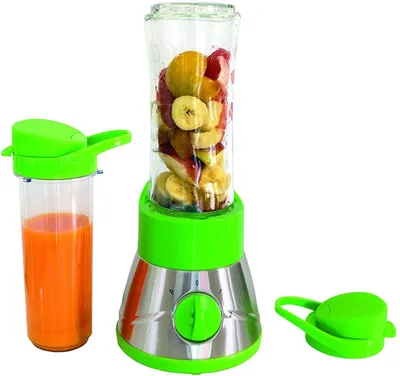 A personal blender with two cups and a lid, set against a white background.