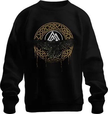 Produktbild von Wikinger Rabe Valknut Symbol Nordische Mythologie Runenkreis Uni Sweatshirt Pullover, Schwarz, XXL