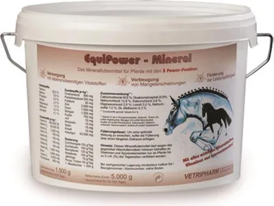 A white bucket of horse mineral supplement with product information and graphics.