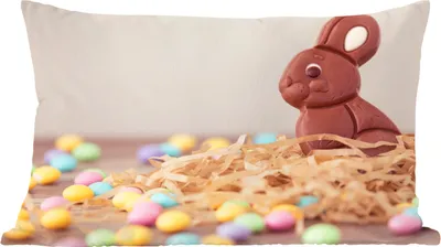 Produktbild von MuchoWow® Zierkissen Sofakissen Wohnzimmer Dekokissen 50x30 cm Ein Schokoladenhase mit kleinen Eiern zu Ostern - Wohnzimmerdekoration - Polster mit Photo