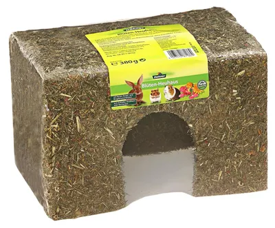 Produktbild von Dehner Nagersnack, Ergänzungsfutter 100 % natürlich, Unterschlupf für Zwergkaninchen / Nager, Blüten-Heuhaus, 500 g