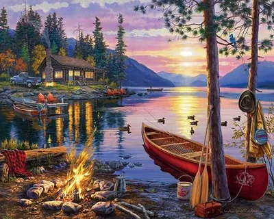 Produktbild von Malen nach Zahlen: Lagerfeuer am See, 50x40 cm, mit Rahmen, kreatives Motiv
