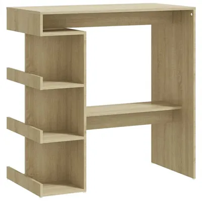 A light brown wooden bar table with shelves on a white background.