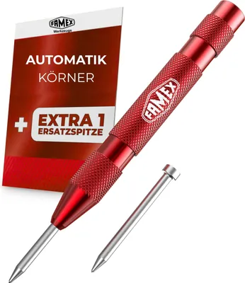 Produktbild von FAMEX 8242 Automatischer Körner für Metall, Spitze aus HSS-Stahl, Schlagkraft einstellbar 50–100 N, 130 mm, Aluminium gerändelt – schwere Ausführung – inkl. Ersatzspitze