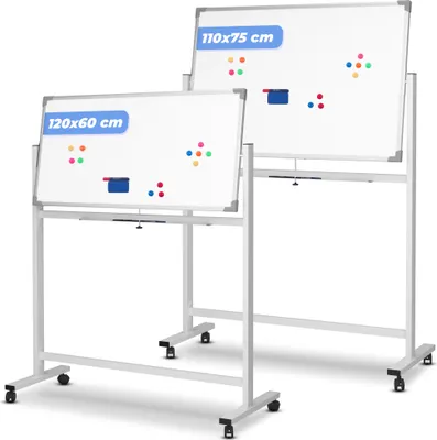 Produktbild von Jago® Mobiles Whiteboard - 110x75 cm, inkl: 12 Magnete, 3 Marker und Schwamm, Magnetisch, Doppelseitige, Alurahmen, Weiß - Magnettafel, Magnetwand, Magnetboard, Tafel mit Rollen