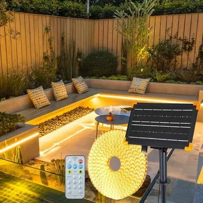 Produktbild von Gaoxun Solar LED Strip Outdoor, 15 m, 960 Außenstreifen, IP68 wasserdichte Fernbedienung, dimmbar, 8 Modi, flexibler Garten, Veranda, Balkon, Pavillon