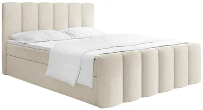 Produktbild von Boxspringbett mit Bettkasten – Polsterbett 160 x 200 cm mit H4 Taschenfederkern 7-Zonen Matratze & 5 cm Topper – Stauraumbett Serenity mit Hohem Kopfteil & Gepolstertem Fußteil – Creme Chenille