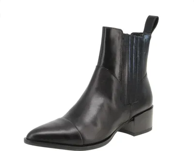 A black leather Chelsea boot with a pointed toe and a block heel, shown from a side angle against a white background.
