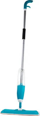 A spray mop with a blue water tank and a blue mop head, standing upright against a white background.