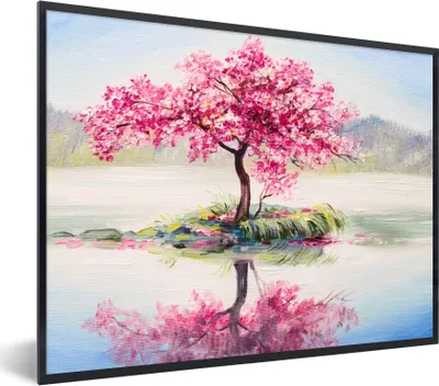 Produktbild von MuchoWow® Gerahmtes Poster Gemälde - Blüte - Wasser - Ölgemälde 80x60 cm - Poster mit Schwarzem Bilderrahmen Wandposter Rahmen Foto Bilder - Schwarzem - Mit Gestell