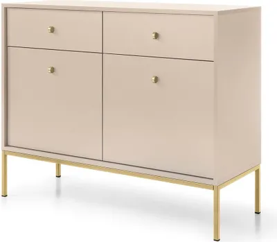 Image de Buffet 2 portes Monti - Commode avec tiroirs, salon, pieds métal 18 cm, commode 100 cm (beige + or)