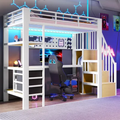 Image de Lit superposé Flieks 90 x 200 cm avec éclairage LED, lit mezzanine pour adolescent avec bureau et panneau perforé, lit mezzanine pour enfant avec prises électriques et espace de rangement, blanc