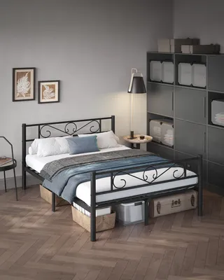 A bedroom scene with a bed, storage unit, and a lamp.