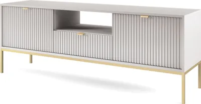 Produktbild von TV-Schrank 150 cm Galla - Zweitürige TV-Tisch mit Schubladen - Beinen, geriffelten Fronten & goldene Griffe (Grau + Gold)