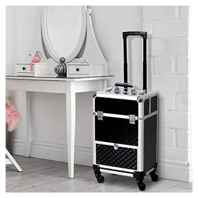 Produktbild von Trolley-Koffer für Make-up und Kosmetik, verstellbarer Teleskopgriff, 34 x 25 x 62 cm, Aluminium, Schwarz