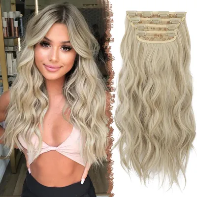 Image de Extensions à clipser, 4 pièces, synthétiques, ondulées, 50 cm, mélange de couleurs blond clair, beige clair et blond crème